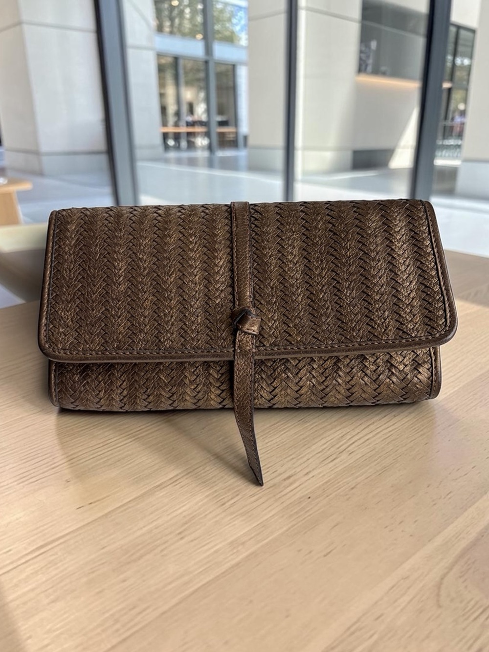 Woven Leather Clutch Bag in Dark Brown metallic